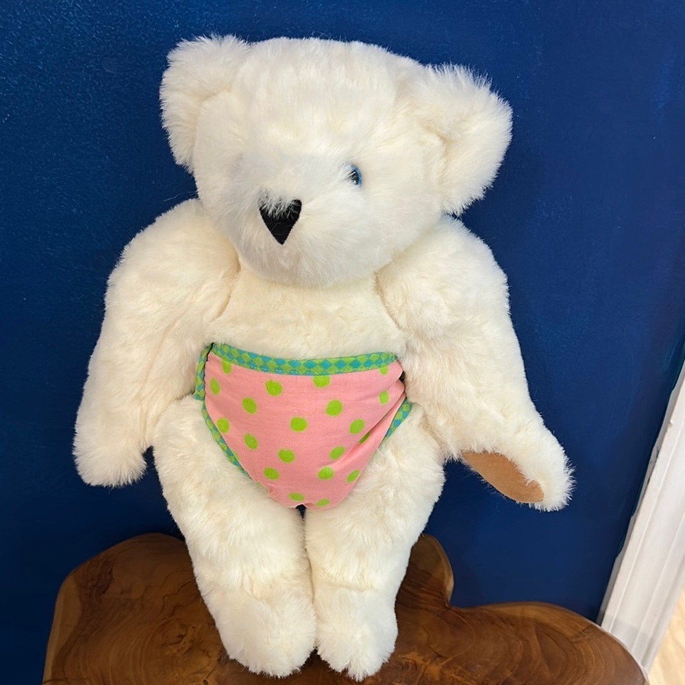 White Vermouth Teddy Bear Plush with Pink Polka Dot Diaper 15”